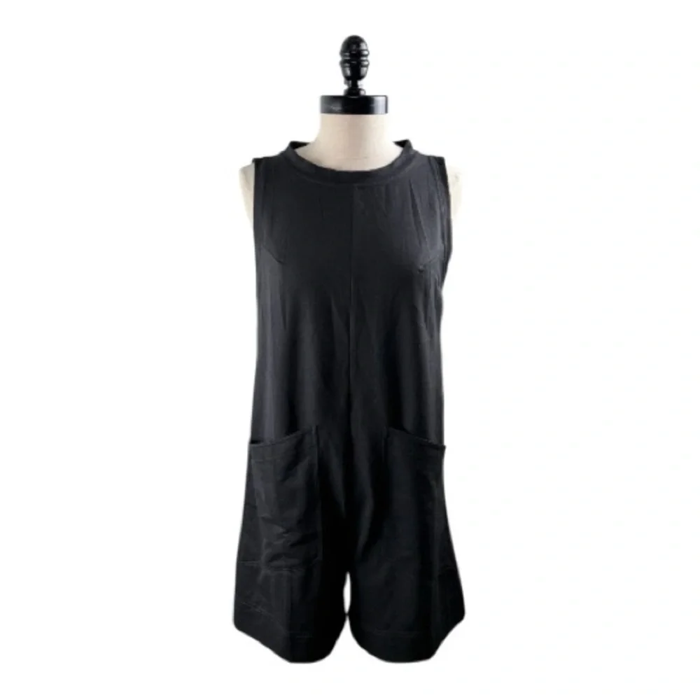 Black Sleeveless Minimalist Romper SZ S Soft Knit Pocket Casual Lounge One Piece